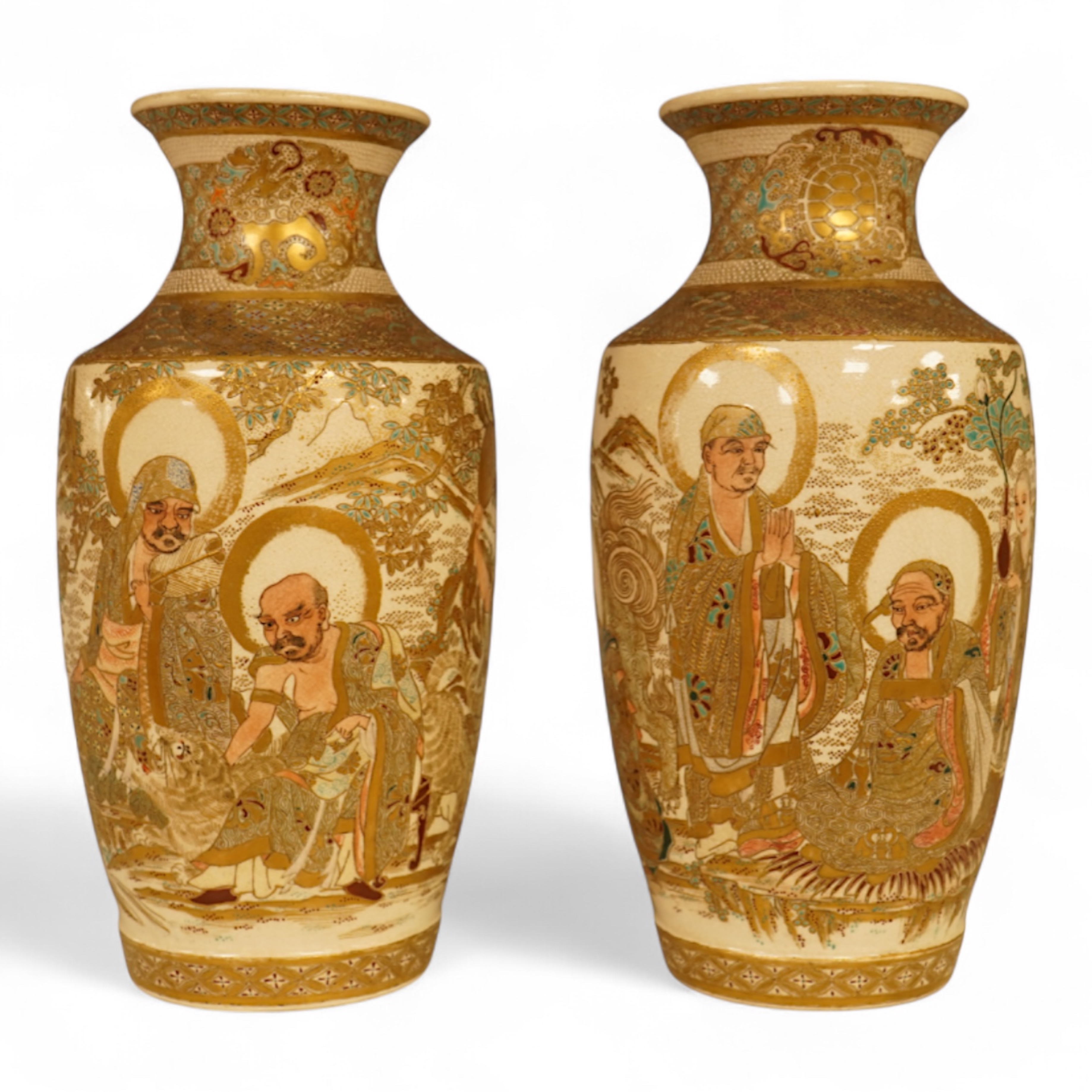 A pair of Japanese Satsuma ‘rakan’ vases, Meiji period, 21cm